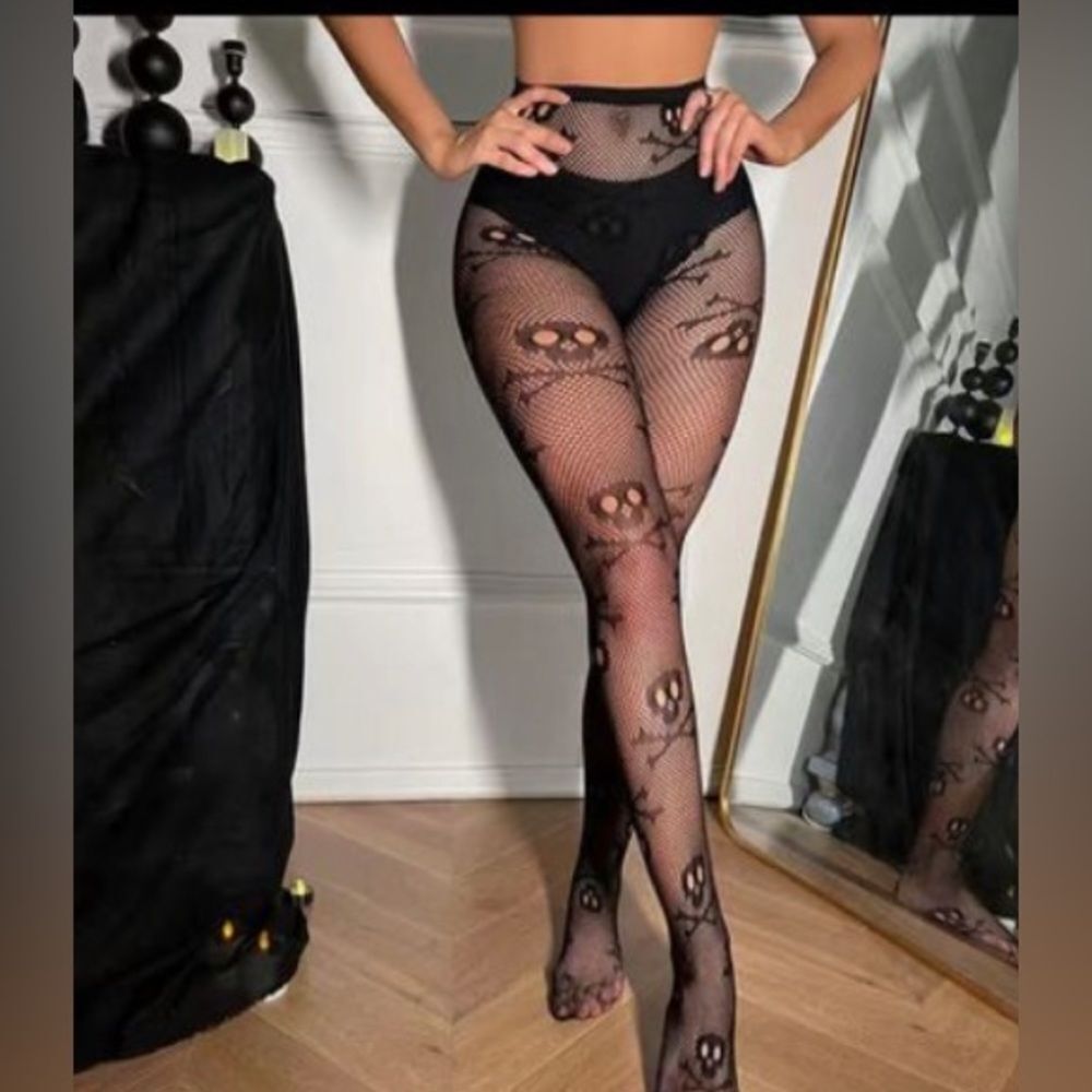 New Sexy Women Sheer Net Skull Stretch Pantyhose Stockings High Waist Tights Bla